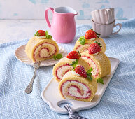 Strawberry and vanilla sponge roll with mascarpone cream