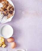 Ingredients for banana bread: flour, sugar, eggs, butter