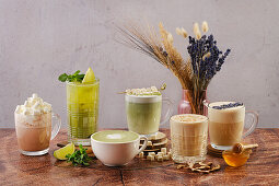 Various hot drinks with matcha and lavender