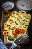 Vegetarian moussaka with lentils, potatoes and zucchinis