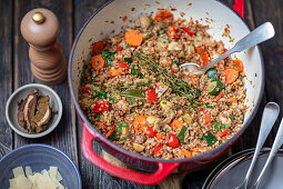 Buckwheat with vegetables and bacon