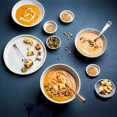 Roasted butternut squash soup with croutons and pumpkin seeds