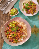 Chicken fricassee with rice noodles and vegetables