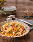 Fennel salad with smoked fish and pomegranate seeds