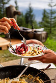 Pasta with mushrooms and radicchio salad