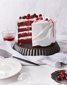 Red velvet cake with coconut cream and cranberries