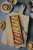 Sliced rhubarb tart with meringue topping