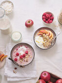 Two bowls of overnight oats with nectarines and raspberries