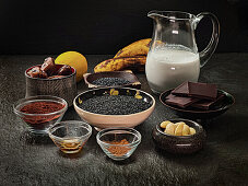 Ingredients for black sesame ice cream with dates