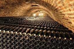 Rows of wine bottles in a cellar