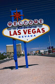 Place-name sign under blue sky, Las Vegas, Nevada, USA, America