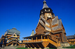 Wooden house under blue sky at Ismailowo Park, Moscow, Russia, Europe