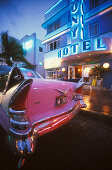 Cadillac at Ocean Drive at night, Miami, Florida, USA, America