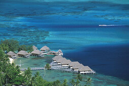 View at the bungalows of the Bora Bora hotel on the waterfront, Bora Bora, French Polynesia, Oceania