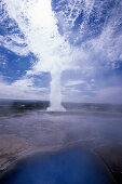 Strokkur Geyser Eruption, Steam from Blesi Pool, Geysir, Iceland