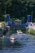 Boats near draw bridge, Plau at lake, Mecklenburg Lake District, Mecklenburg-Western Pomerania, Germany