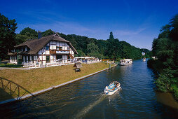 Tavern on canal, Mecklenburg Lake District, Mecklenburg-Western Pomerania, Germany