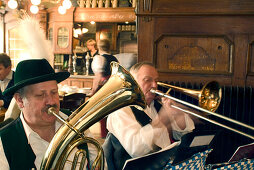 Wind section of the Krinoliner Blaskapelle brass band, Fraunhofer Restaurant, Fraunhofer Street, Munich, Bavaria, Germany