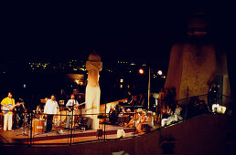 Musicians Concert Barcelona, Summer concert at the roof of Casa Mila, A. Gaudi, La Pedrera, Barcelona, Catalonia, Spain