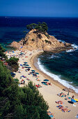 View from the cliff towards the beach, Cap Roig, near Platja d'Aro, Costa Brava, Catalonia, Spain