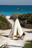 Ultra Light Plane passing, beach cafe, Tipi, Nikki Beach Club, South Beach, Miami, Florida, USA