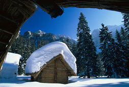 Winter landscape with wooden cabin, Stone Age Village, Maerchenwiese, Bodental, Loiblpass, Carinthia, Austria