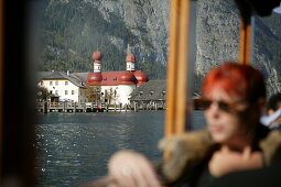 Tourists on excursion boat, St.Bartholomae, Koenigssee, Berchtesgaden, Bavaria, Germany