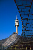 Olympiaturm im Olympia Park unter blauem Himmel, München, Bayern, Deutschland, Europa