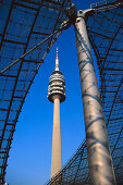 Olympia television tower and Olympia Park under blue sky, Munich, Bavaria, Germany, Europe