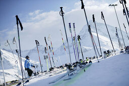 Skis and sticks in front of ski hut, Kuehtai, Tyrol, Austria