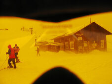 View through ski goggles, ski hut Mottolino, Livigno, Italy