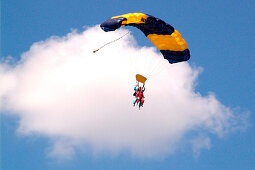 Sky divers at a tandem jump, Airport Gransee, Brandenburg, Germany, Europe