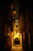 Illuminated alley at night, Palma de Mallorca, Mallorca, Spain, Europe