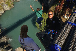 Bungy jumping above Karawau River, Bungee-jumping, Kawarau suspension bridge, founded A.J. Hackett, Queenstown