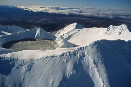Aerial Mt Ruapehu, Snow capped volcanic landscape, Tongariro National Park, North Island New Zealand, World Heritage, Erbe der Menscheit, Luftaufnahme