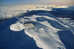 Aerial view of the snow covered volcanos Mount Ruapehu and Mount Ngauruhoe, Tongariro National Park, North Island, New Zealand, Oceania