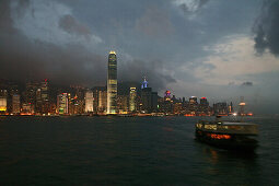 Star Ferry, night skyline of Hong Kong Island, China