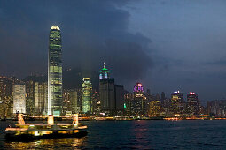 Star Ferry, night skyline of Hong Kong Island, China