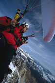 People paragliding, Tandemflight, Sella, Dolomites, South Tyrol, Italy