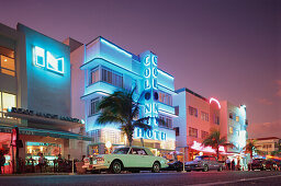 The illuminated Hotel Colony at night, Miami, Florida, USA, America