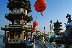 Pagodas, dragons, statues, Lotus Lake, Kaohsiung, Taiwan