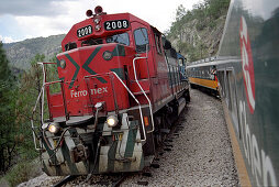 Zwei Züge stehen nebeneinander, Ferrocarril Chihuahua al Pacifico, Chihuahua Express, Mexiko, Amerika