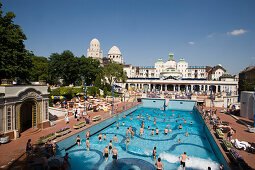 Open-air area of the Gellert Baths, People in the open-air area of the Gellert Baths, Buda, Budapest, Hungary