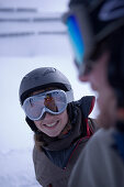 Two young people wearing ski googles, Kuehtai, Tyrol, Austria