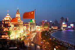 Huangpu River at night,View from roof terrace, Three on the Bund, national flag