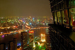 View from Jinmao Tower,Center of Pudong, Huangpu River, Fluß, Pearl Orient Tower, TV Tower, Bund, city centre, Aussicht, observation platform, Aussichtspunkt, Jinmao