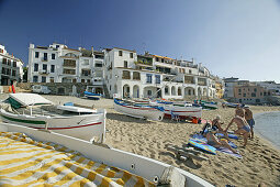 Costa Brava,Bathers on the beach at Calella, Costa Brava, Catalonia Spain