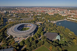 Aerial view of Hannover with soccer stadium, Lower Saxony, Germany