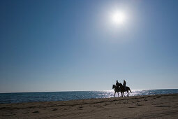 Young couple horseback riding at beach, Apulia, Italy