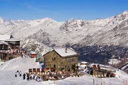 View to mountain restaurants at Laengfluh, Saas-Fee, Valais, Switzerland